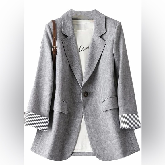 SHEIN Jackets & Blazers - SHEIN LUNE Gray Single Button Blazer Striped Cuff Detail XL
